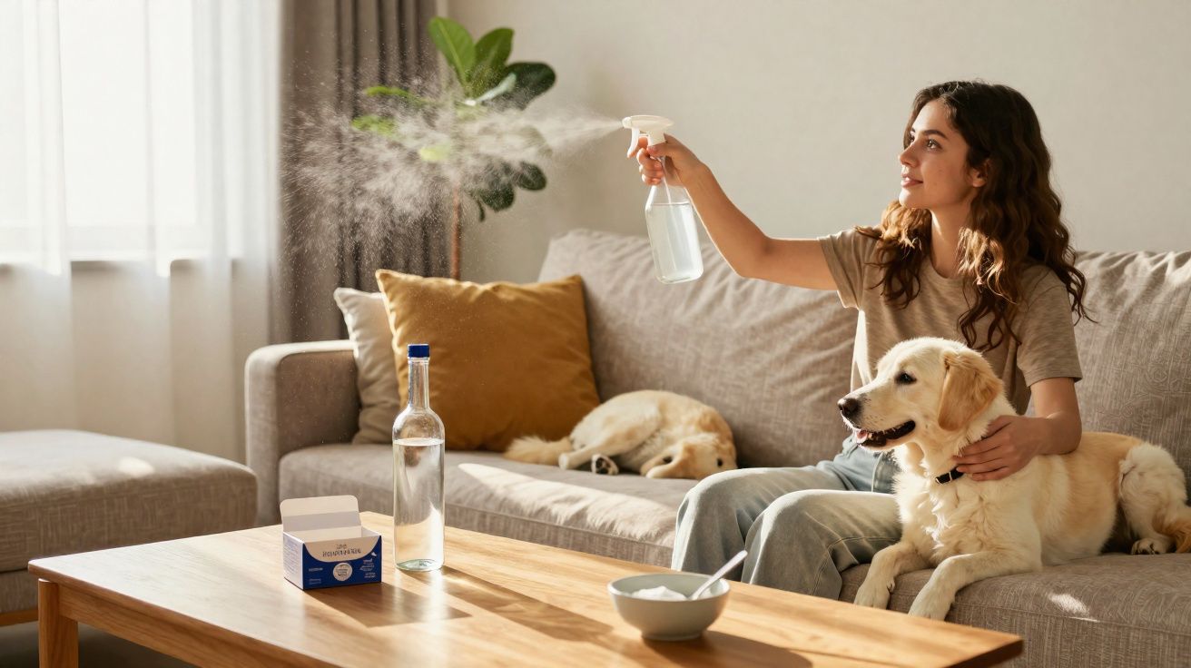 Jeune femme assise sur un canapé, vaporisant un spray en tenant un golden retriever, un autre chien dort à côté.
