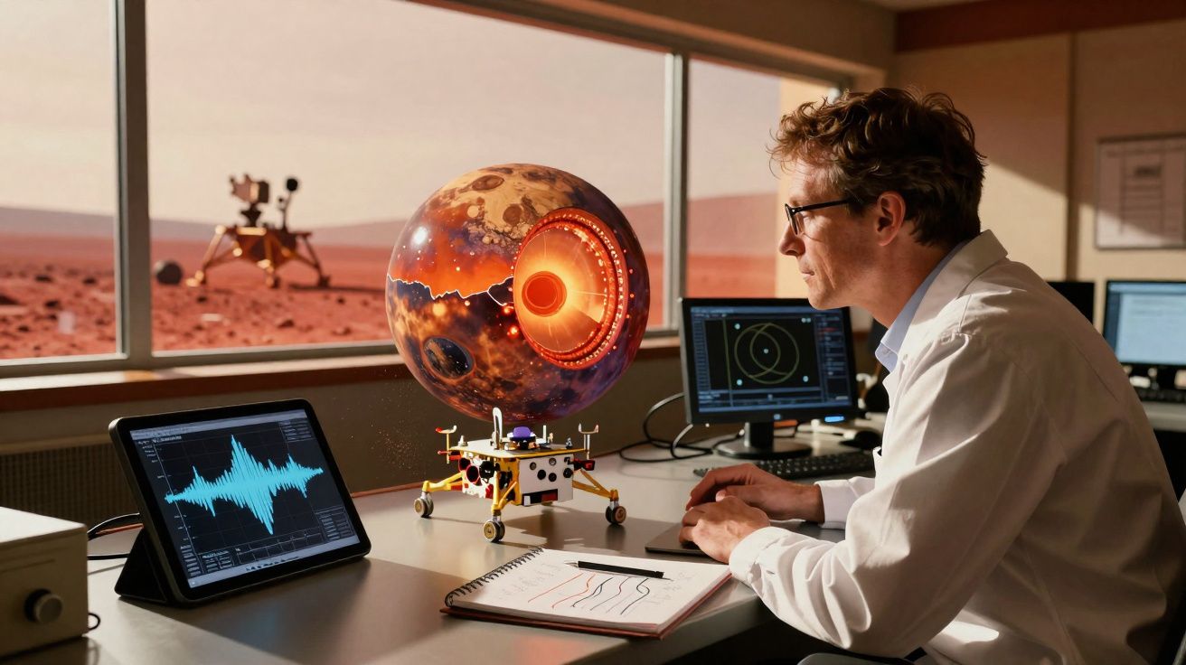 Chercheur en laboratoire étudiant un modèle digital de planète avec des écrans et des instruments scientifiques.