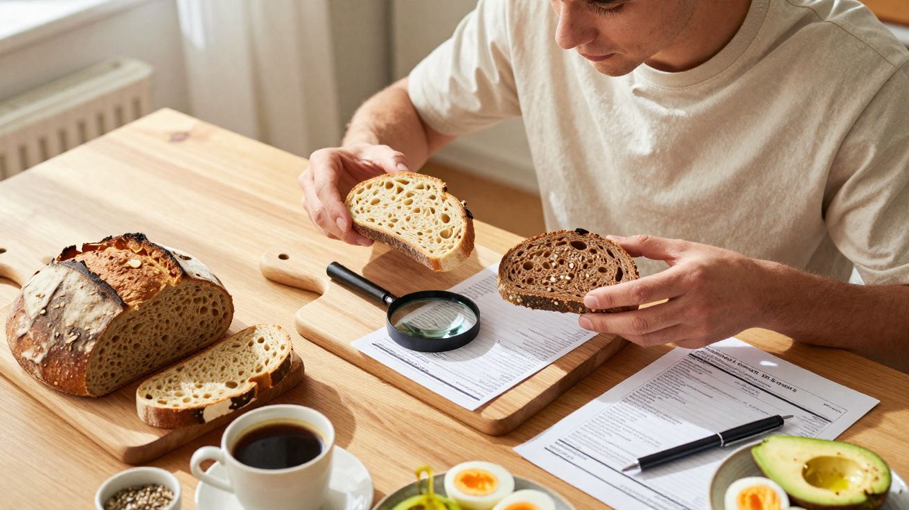 Homme comparant deux tranches de pain devant des papiers, loupe, café, œufs durs et avocat sur table en bois.