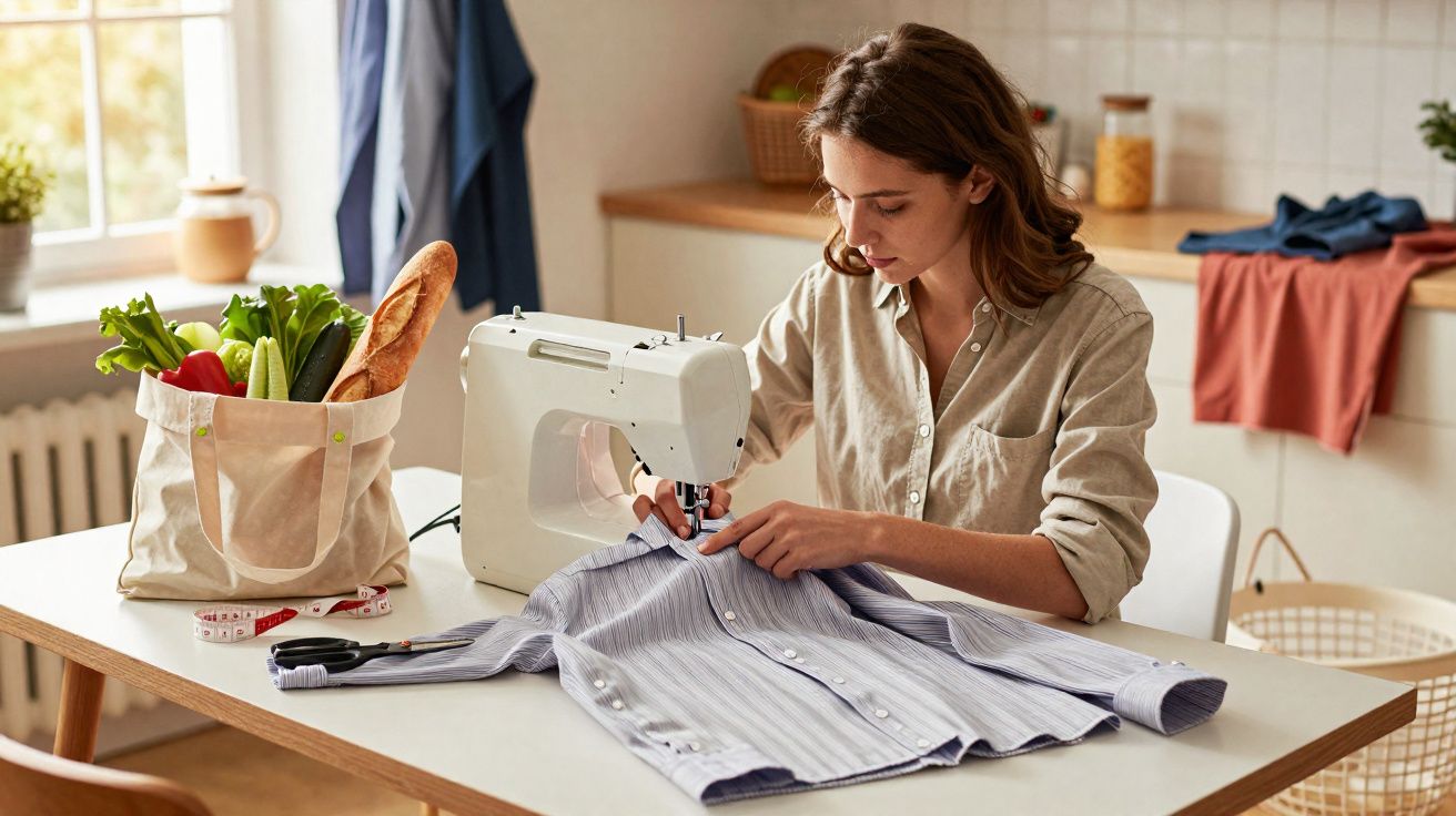 Femme cousant une chemise sur une machine à coudre dans une cuisine avec sac de courses à côté.