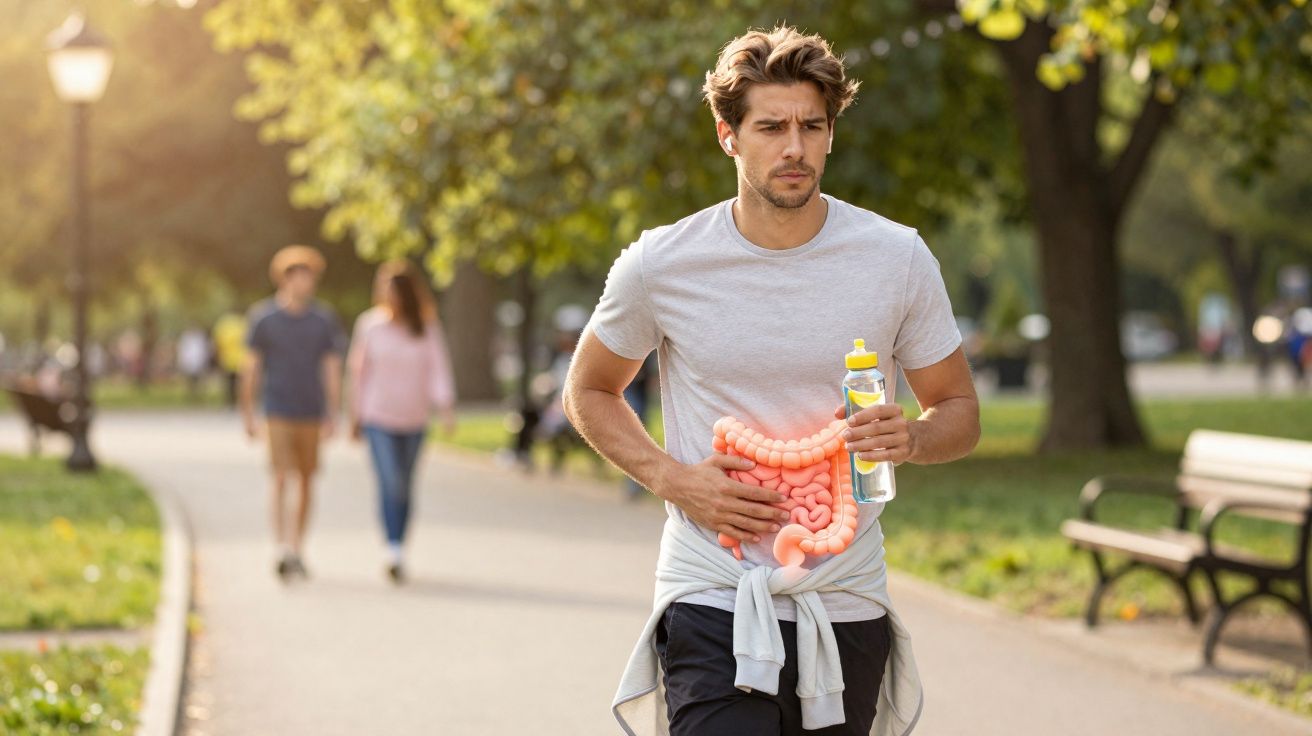 Homme en tenue de sport tenant une bouteille d'eau et se tenant le ventre avec illustration du côlon visible en extérieur.