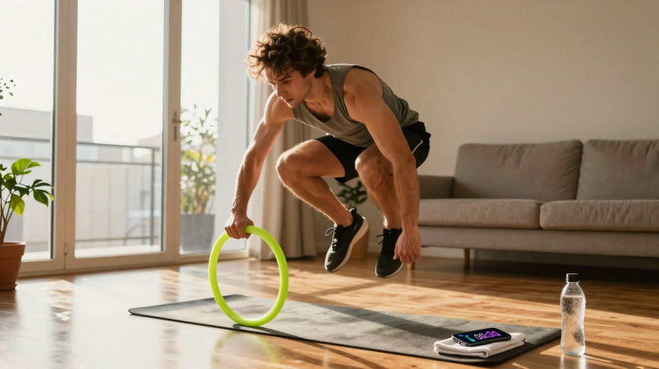 Homme effectuant un saut d’exercice avec un anneau de fitness dans un salon lumineux avec tapis et bouteille d’eau.