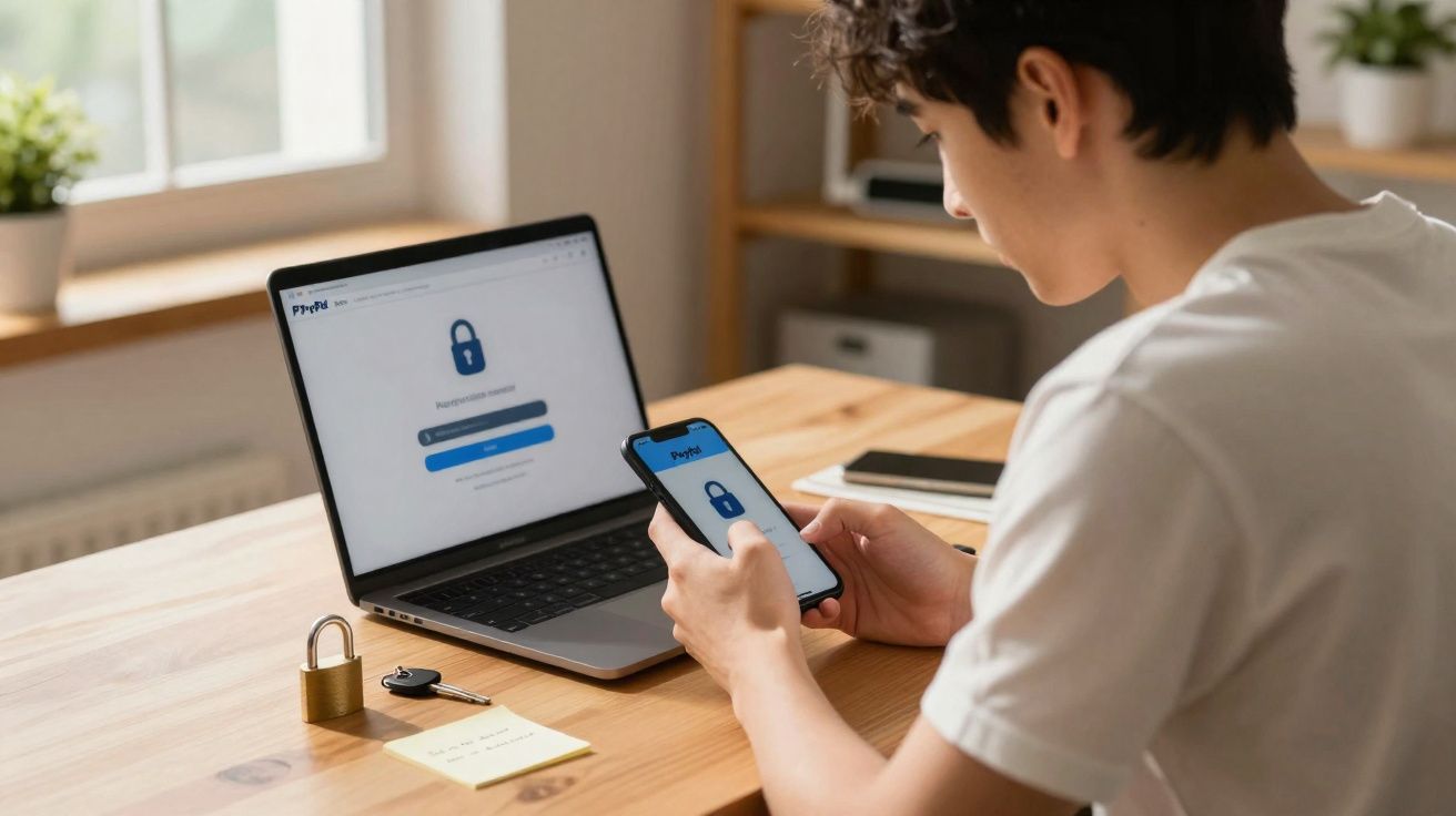 Jeune homme utilise un smartphone et un ordinateur portable pour accéder à un compte PayPal sécurisé.