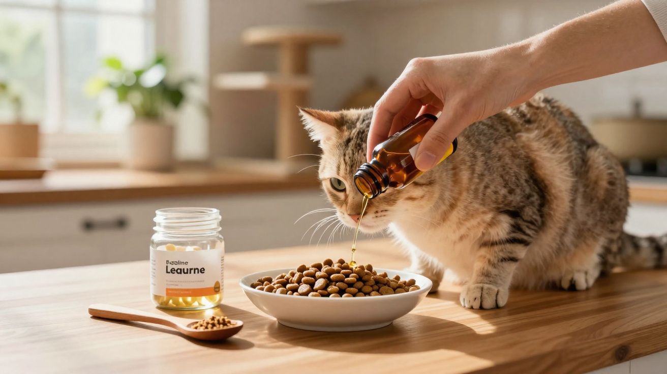 Main versant de l’huile sur croquettes dans une assiette devant un chat tigré sur une table en bois.