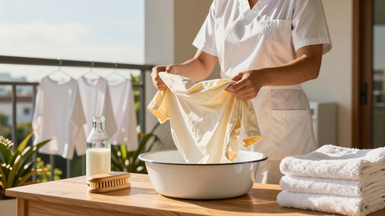 Personne en uniforme blanc lavant un tissu dans une bassine avec lessive naturelle sur une table en bois.