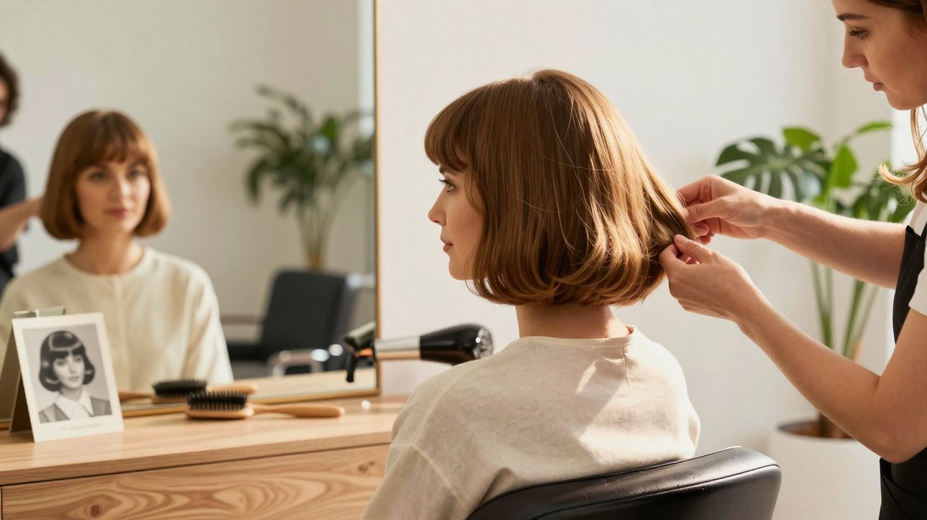 Femme assise chez le coiffeur, regardant dans un miroir pendant que la styliste ajuste sa coupe au carré.