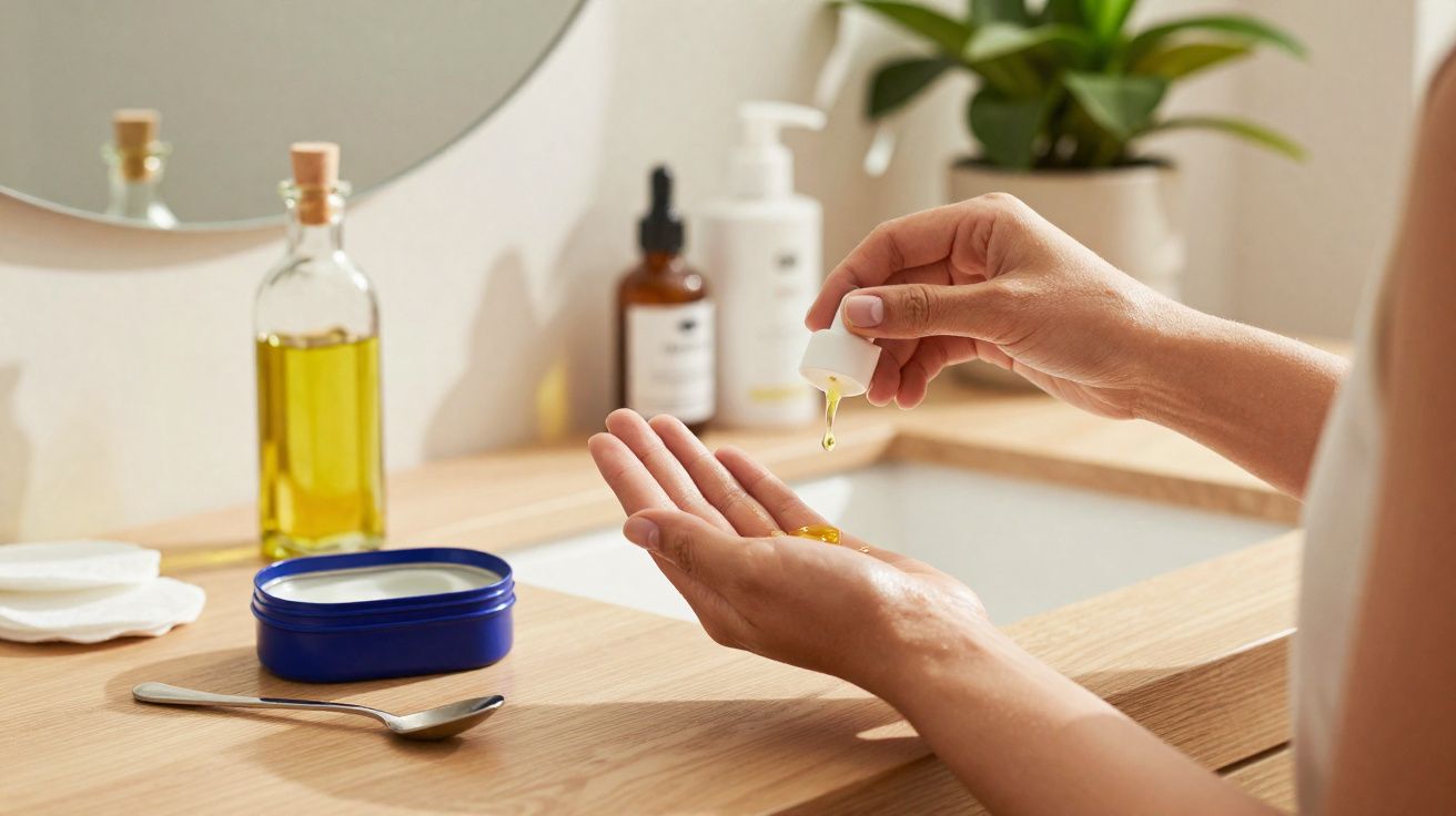Une personne applique une huile ou un sérum sur sa main devant un lavabo et des produits de soin.