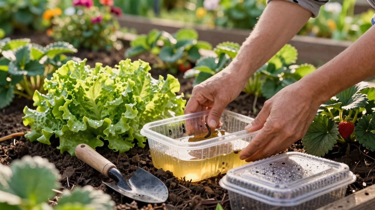 Mains capturant un ver de terre dans un récipient transparent dans un potager avec laitue et fraisiers.
