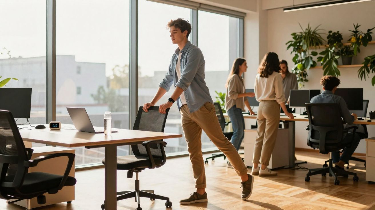 Jeune homme s'étirant en appui sur une chaise dans un bureau lumineux avec des collègues en arrière-plan.