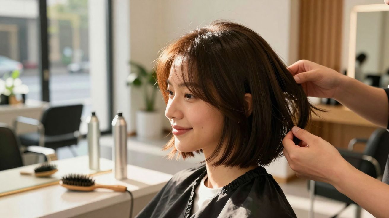 Femme souriante en salon coiffure recevant une coupe de cheveux, main du coiffeur ajustant sa chevelure brune.