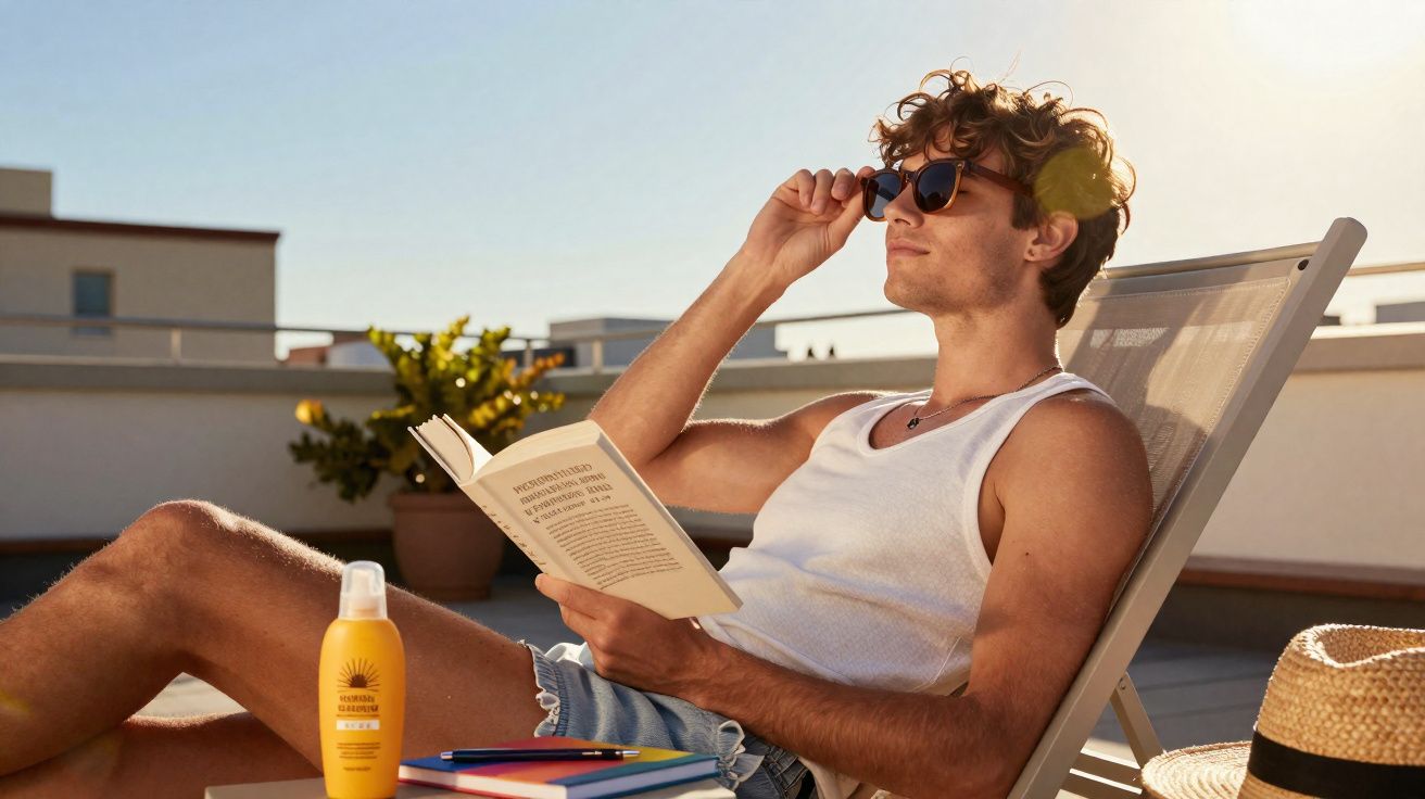 Homme en débardeur blanc et lunettes de soleil lisant un livre sur une chaise longue en terrasse ensoleillée.