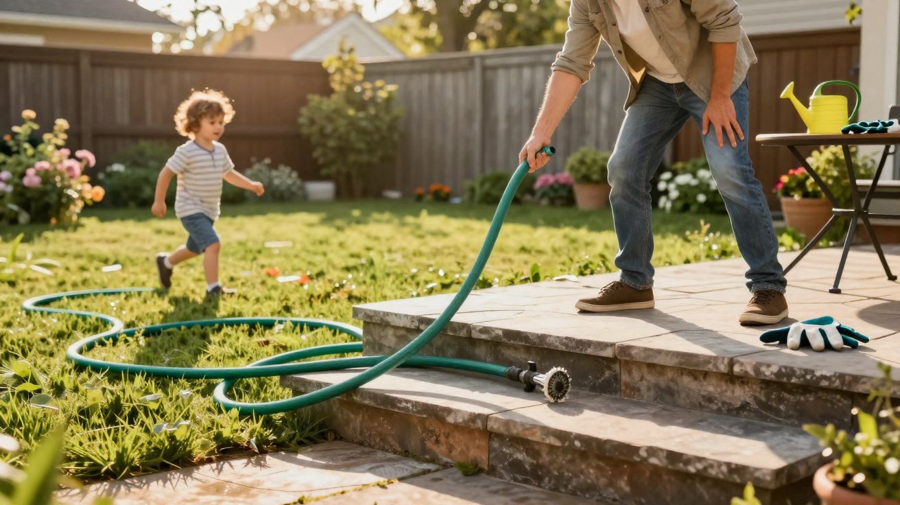 Un adulte tient un tuyau d'arrosage dans un jardin, un enfant court sur la pelouse en arrière-plan.