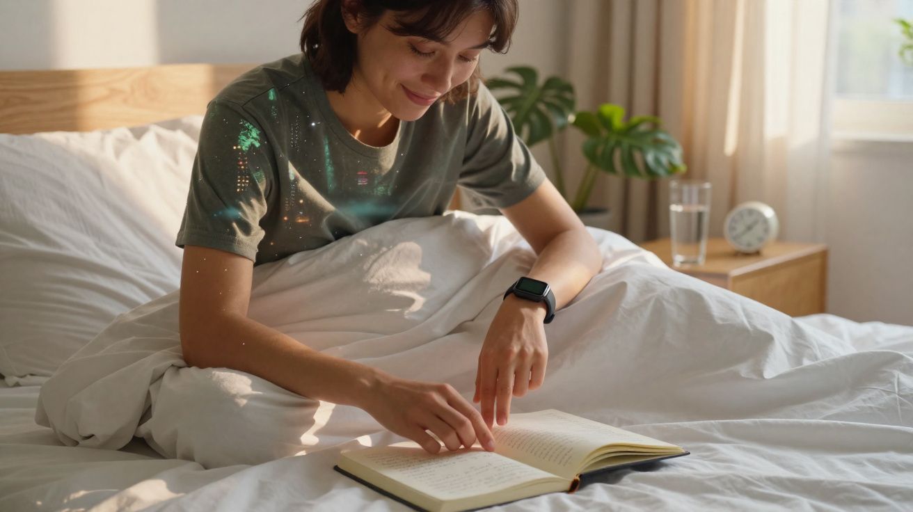 Femme souriante lisant un livre assise dans un lit blanc, lumière naturelle et ambiance paisible.