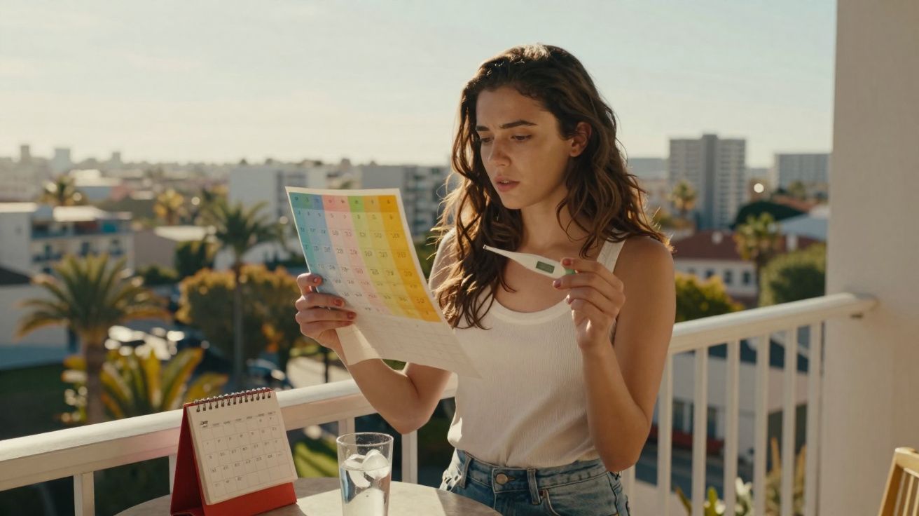 Femme sur un balcon tenant un thermomètre et consultant un calendrier coloré, avec un verre d'eau sur la table.