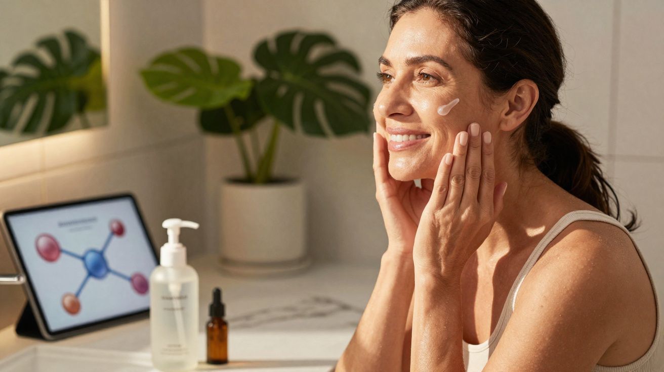 Femme souriante appliquant une crème sur son visage dans une salle de bain lumineuse.