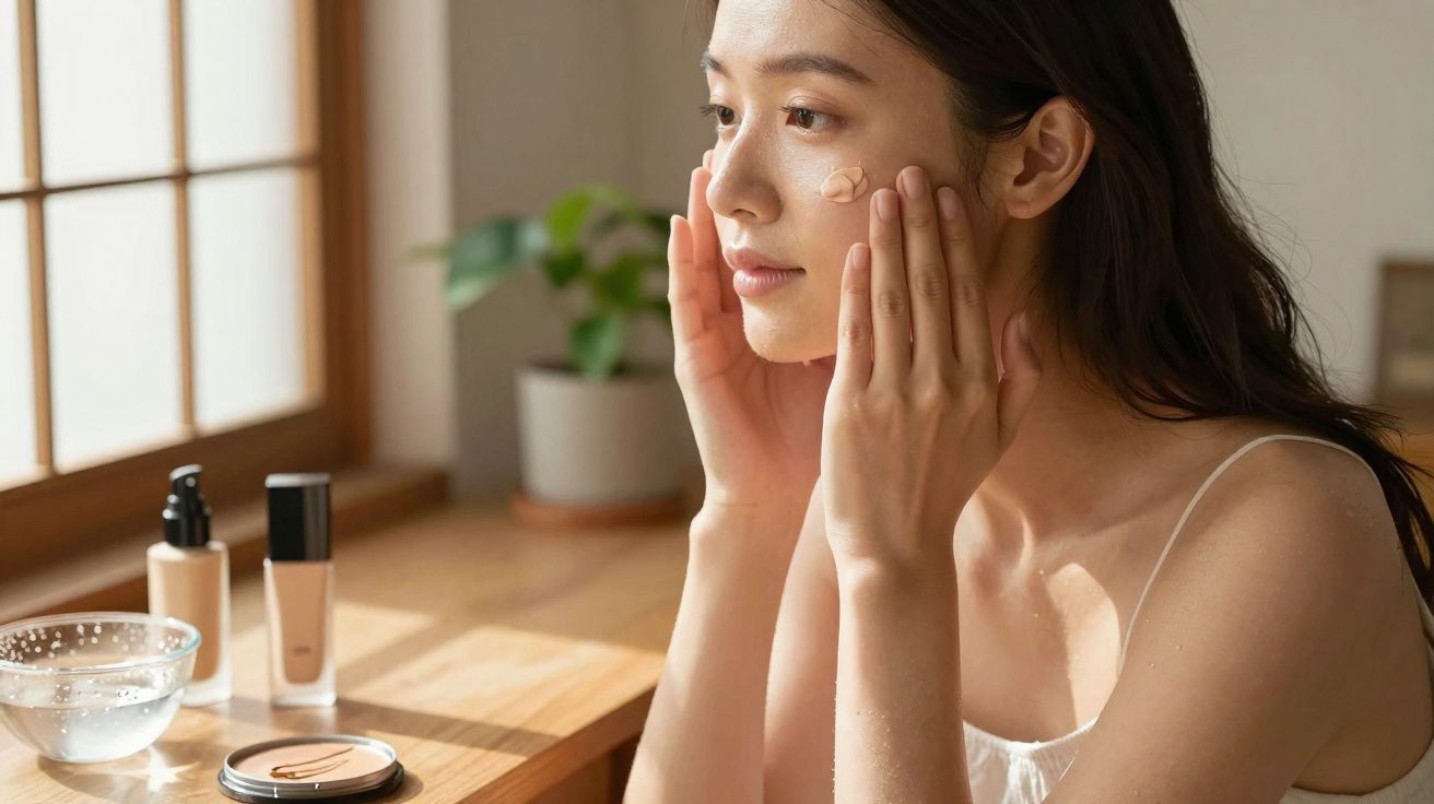 Jeune femme appliquant une crème de teint sur son visage près d'une fenêtre ensoleillée.