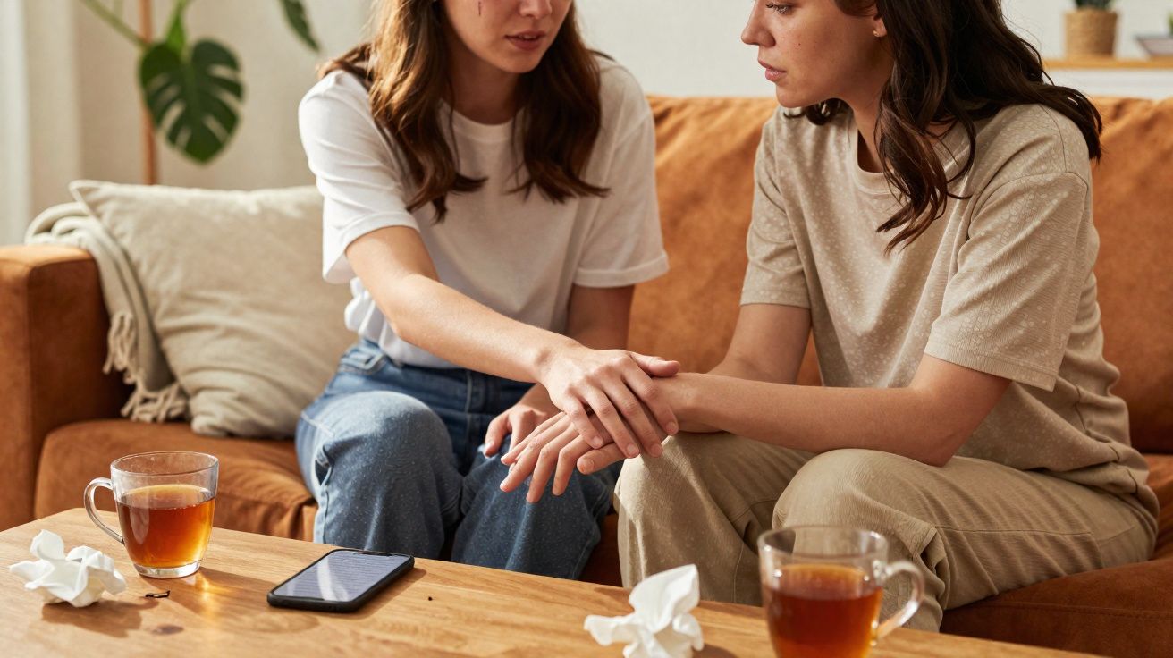 Deux femmes assises sur un canapé, l'une console l'autre en tenant ses mains, mouchoirs et thés sur la table.