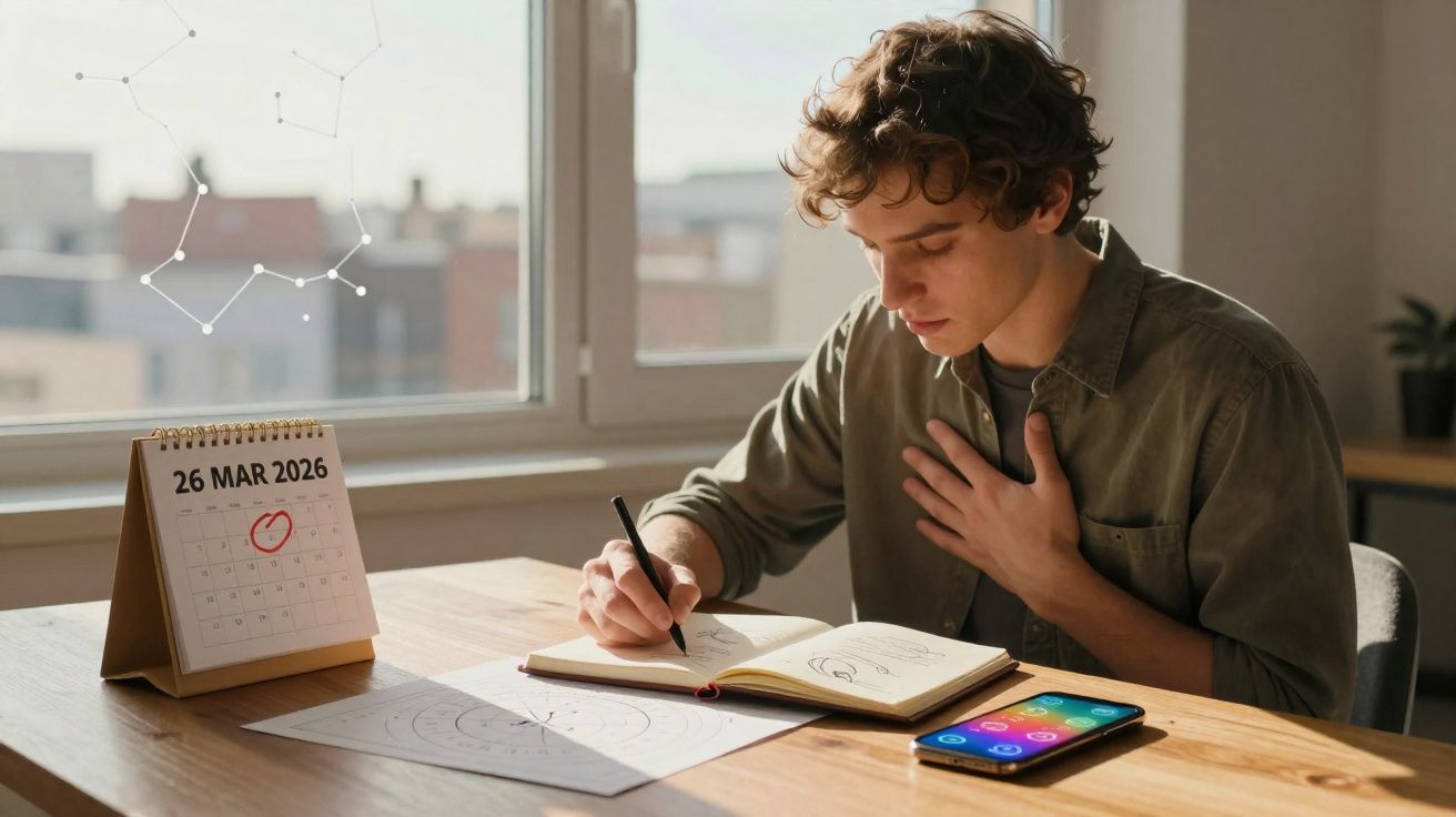 Jeune homme concentré écrivant dans un carnet avec un calendrier au 26 mars 2026 et smartphone posé sur la table.