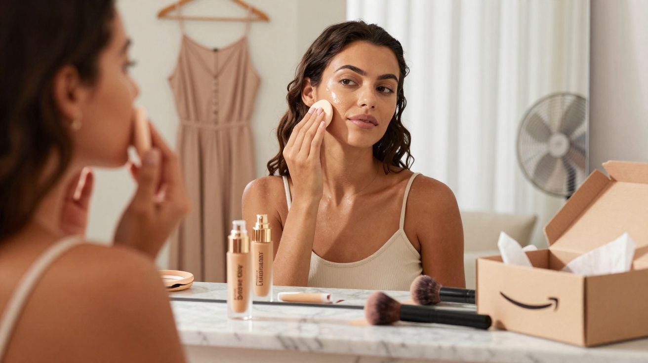 Femme appliquant du fond de teint devant un miroir avec pinceaux de maquillage et boîte Amazon sur la table.