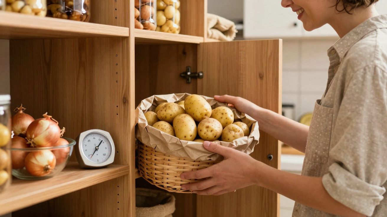 Personne range un panier rempli de pommes de terre dans un placard en bois, cuisine en arrière-plan.