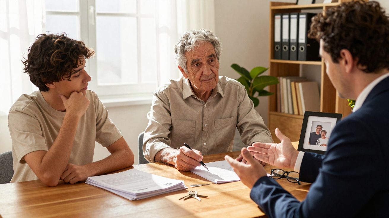 Trois hommes discutant autour d'une table avec des documents, clés et photo familiale dans un bureau lumineux.