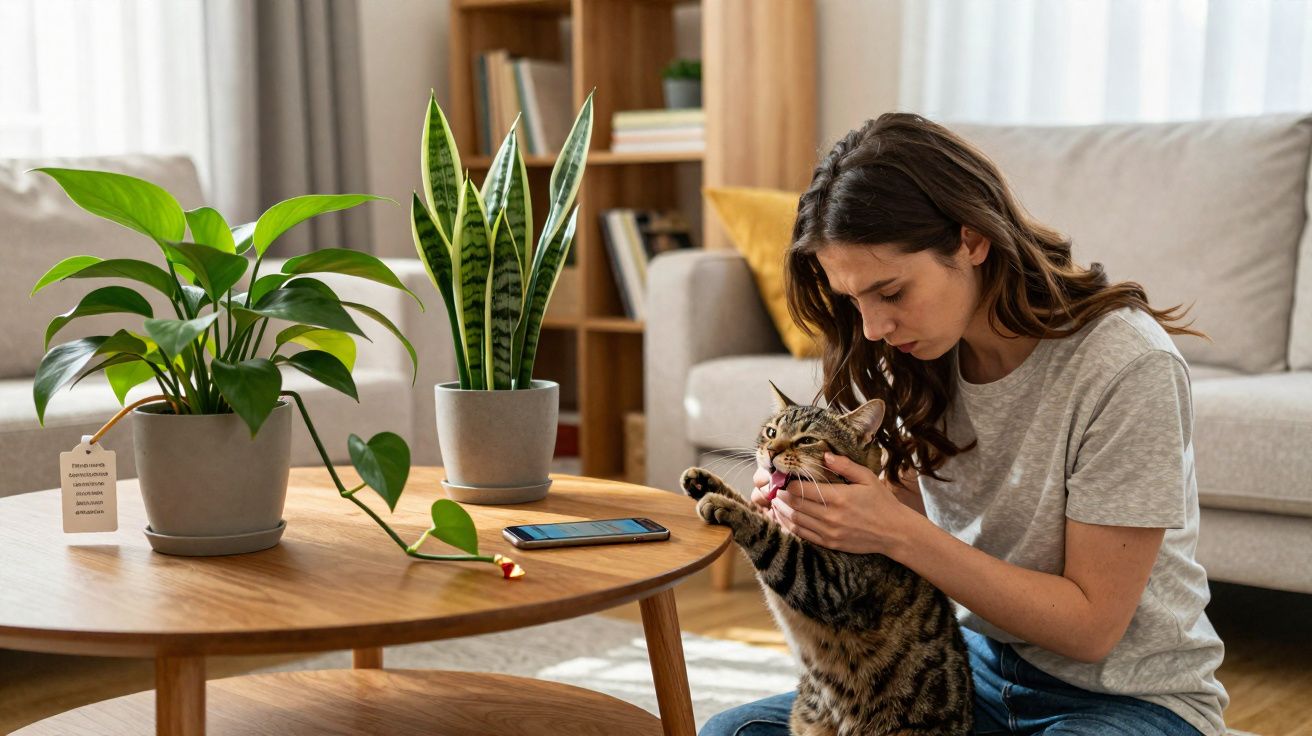 Femme assise par terre caressant un chat sur fond de salon avec plantes et canapé gris.