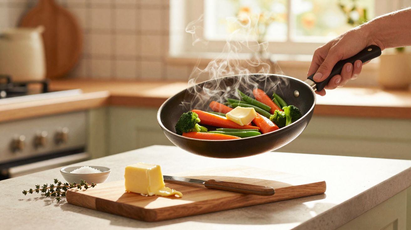 Poignée tenant une poêle avec légumes vapeur et un morceau de beurre, sur un plan de travail avec beurre, sel et herbes.