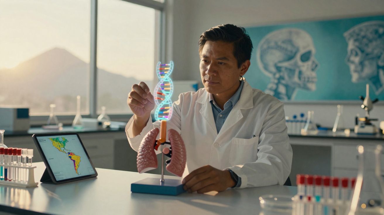 Chercheur en blouse blanche étudiant un modèle 3D d'ADN au-dessus d'un modèle de poumons en laboratoire moderne.