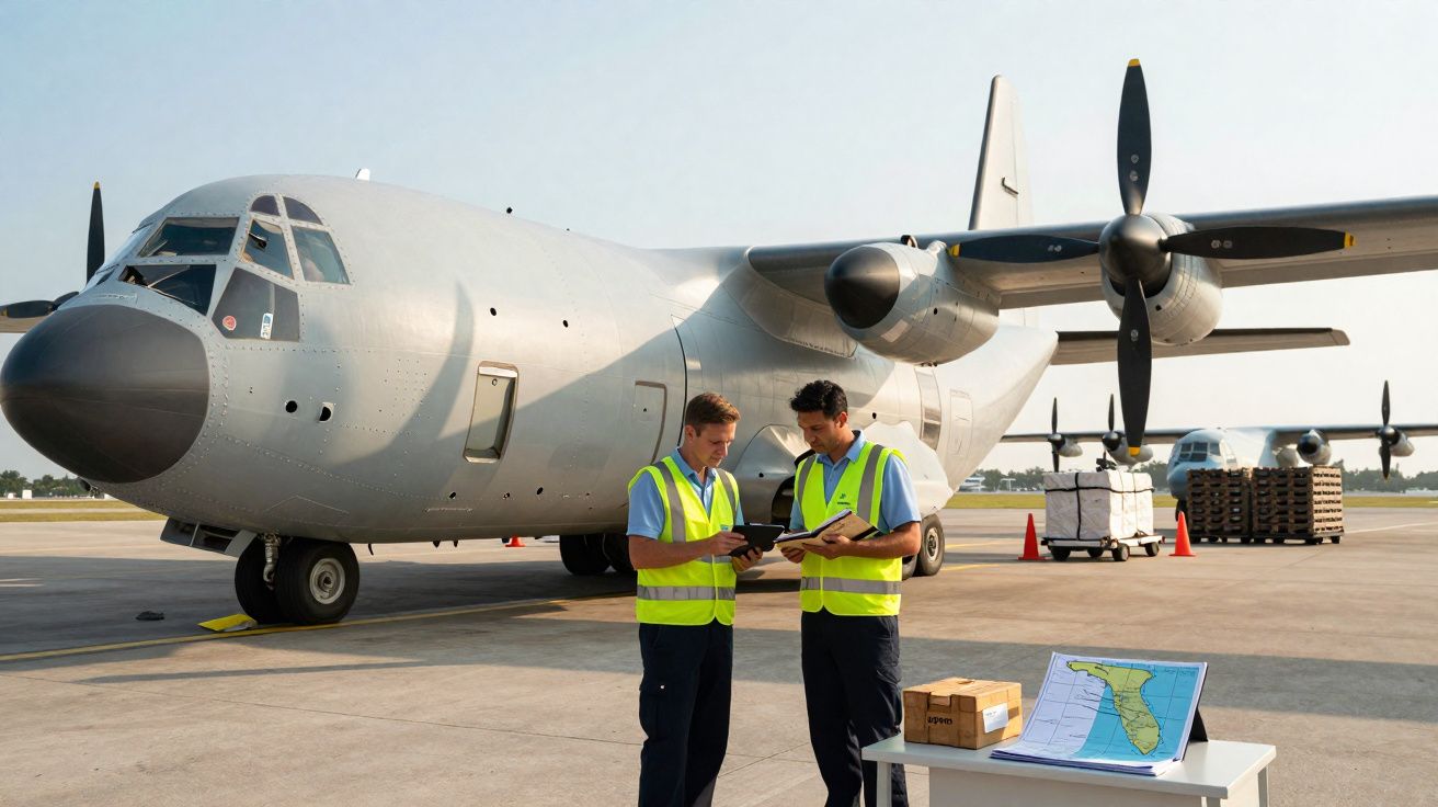 Deux hommes en gilets réfléchissants devant un avion de transport militaire gris sur une piste.