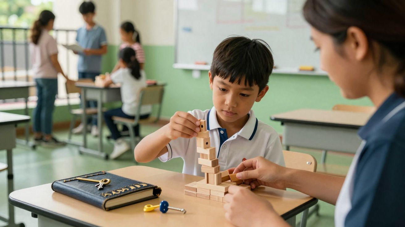 Un enfant construit une tour en blocs de bois avec l'aide d'une adulte dans une salle de classe.