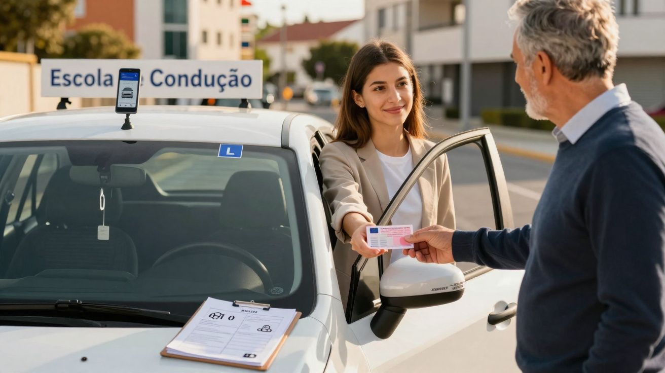 Jeune femme sortant d'une voiture d'auto-école et donnant un permis à un homme âgé.