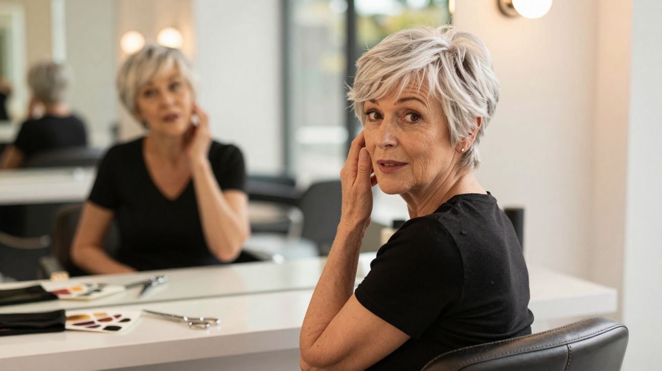 Femme âgée aux cheveux courts gris, assise devant un miroir dans un salon moderne.