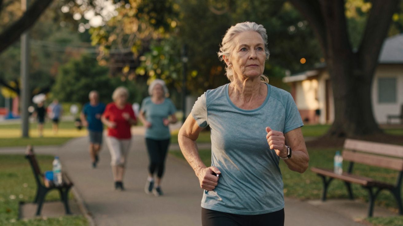 Femme senior courant dans un parc avec d'autres personnes en arrière-plan, activité physique en plein air.