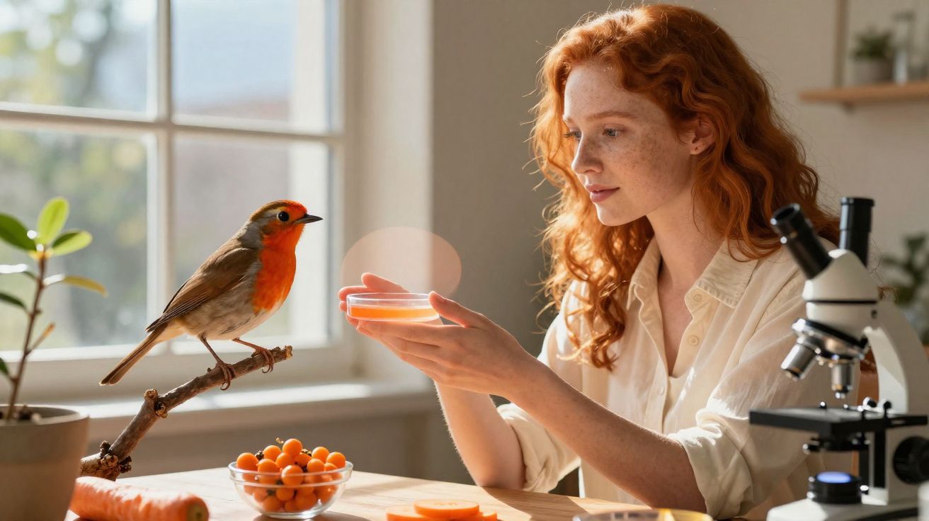 Jeune femme rousse tenant une boîte de Pétri face à un rouge-gorge perché près d'un microscope.