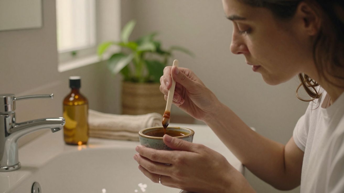 Femme préparant un soin naturel dans une salle de bain avec un bol, une cuillère en bois et une bouteille ambre.