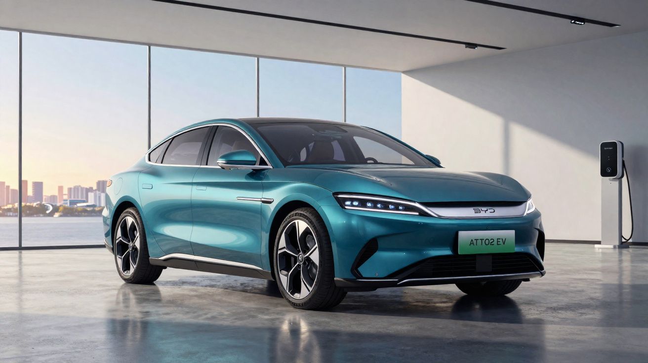 Voiture électrique BYD ATTO 2 bleu métallisé dans un garage moderne avec borne de recharge mural.