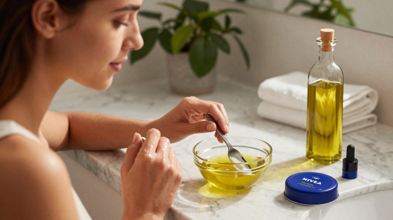 Femme préparant un soin maison avec de l'huile d'olive, un bol et une crème Nivea sur un plan de travail.