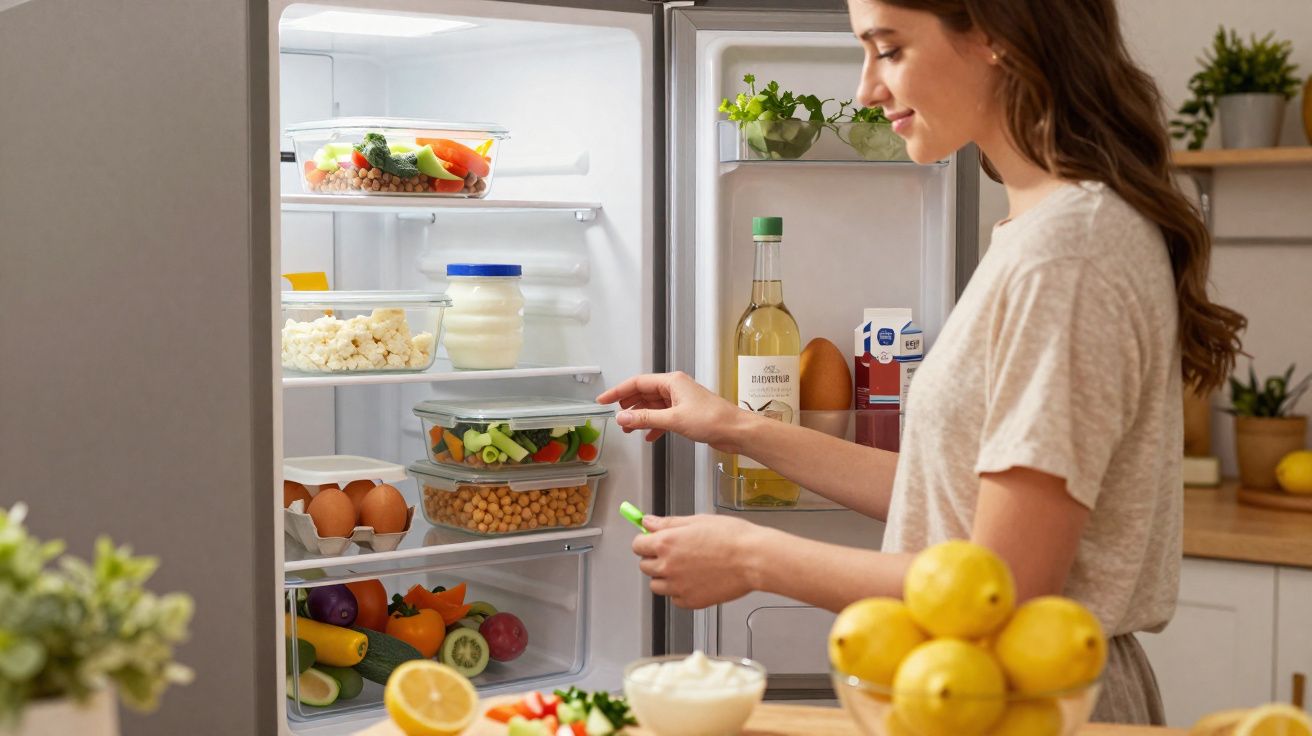 Femme rangeant des légumes frais dans des boîtes hermétiques à l'intérieur d'un réfrigérateur ouvert dans une cuisine lumineu