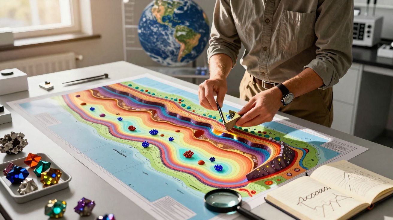 Personne manipule des objets colorés sur une carte topographique avec un globe terrestre en arrière-plan.