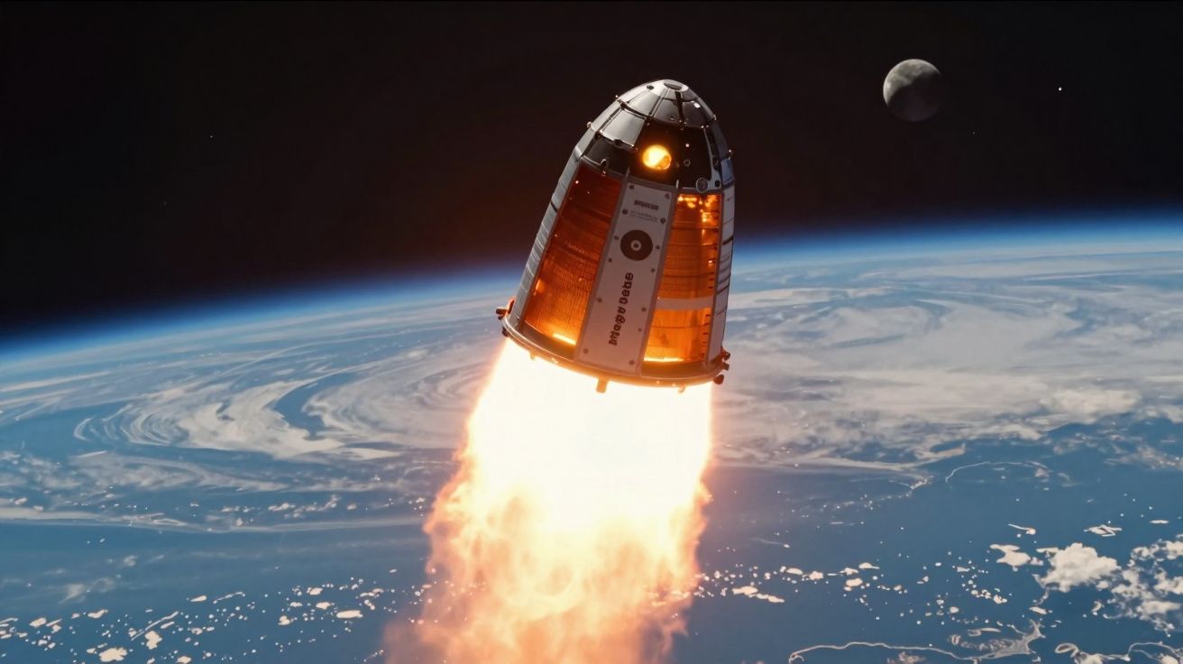 Capsule spatiale enflammée quittant l'orbite terrestre avec la Terre et la Lune en arrière-plan.