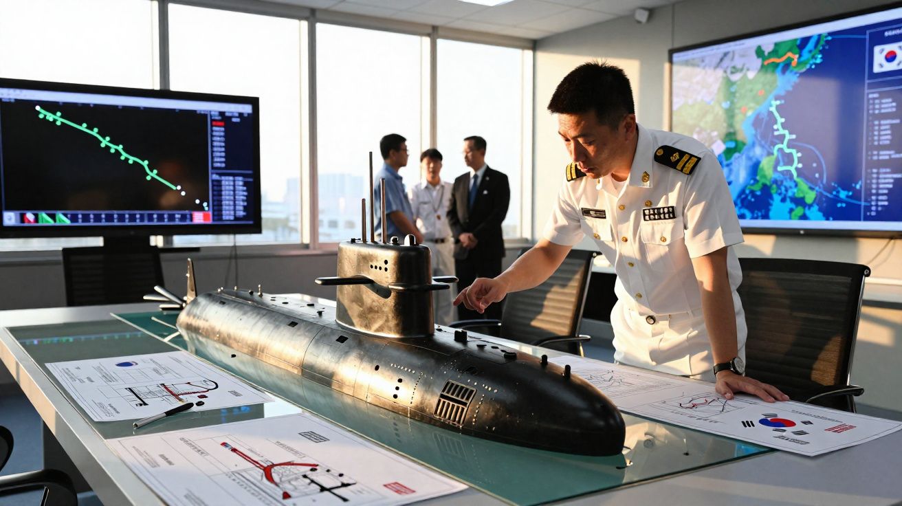 Officier naval examinant une maquette de sous-marin dans une salle de commandement avec cartes et écrans stratégiques.