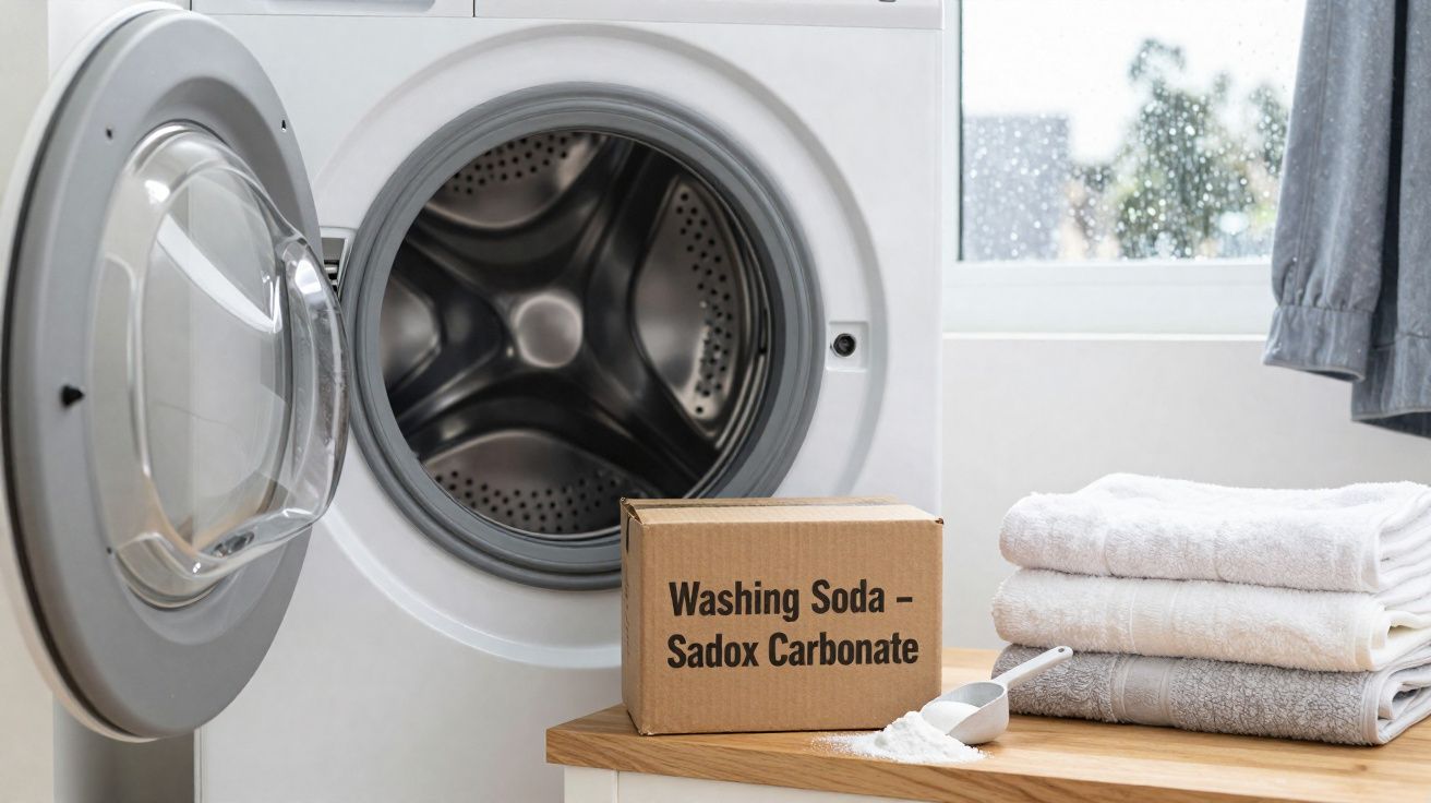 Machine à laver avec boîte de soude de lavage et serviettes pliées sur une table en bois près d'une fenêtre.