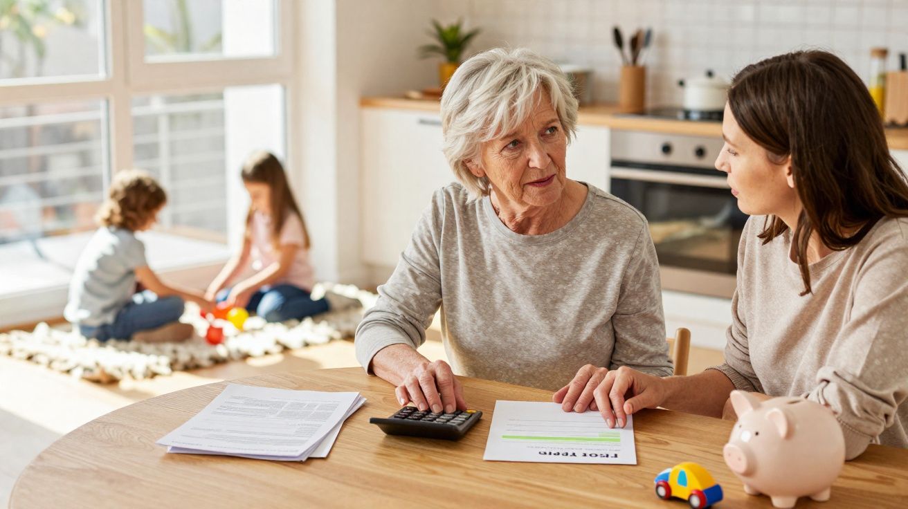 Deux femmes discutent de finances à table, deux enfants jouent en arrière-plan près d'une baie vitrée lumineuse.