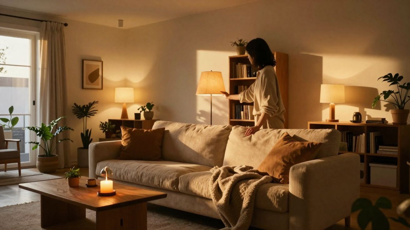 Femme allumant une lampe dans un salon cosy avec canapé, coussins, plantes et lumière tamisée au crépuscule.