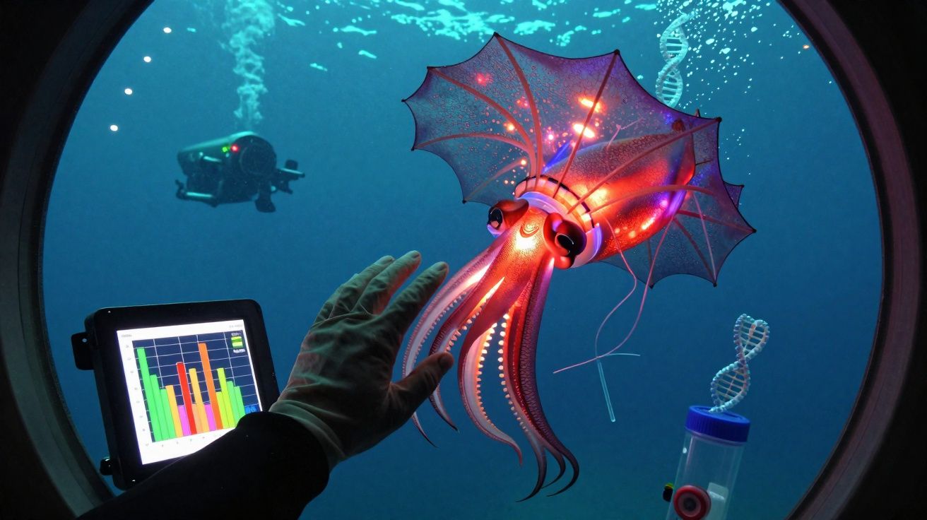 Vue sous-marine d'un calamar bioluminescent approché par une main gantée, avec un sous-marin et une hélice d'ADN en arrière-p