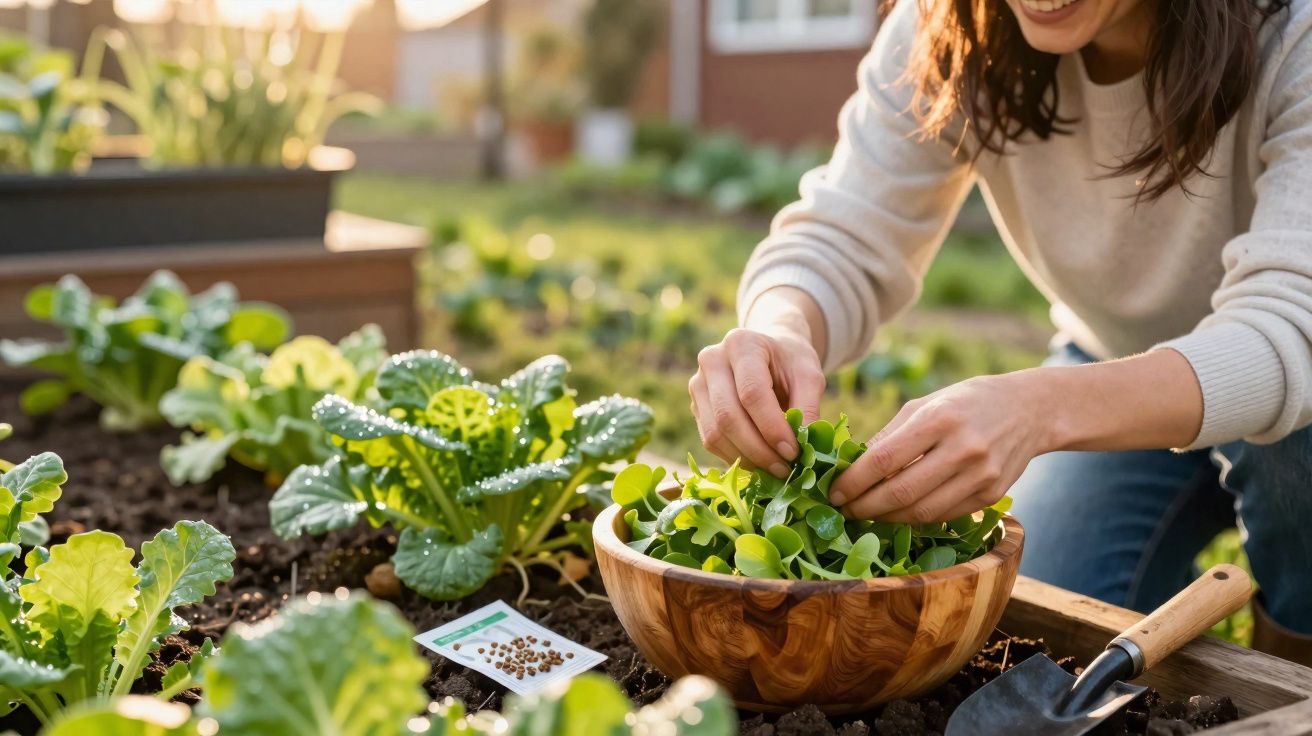 Femme récoltant des feuilles de salade dans un jardin potager ensoleillé avec un bol en bois et une petite pelle.