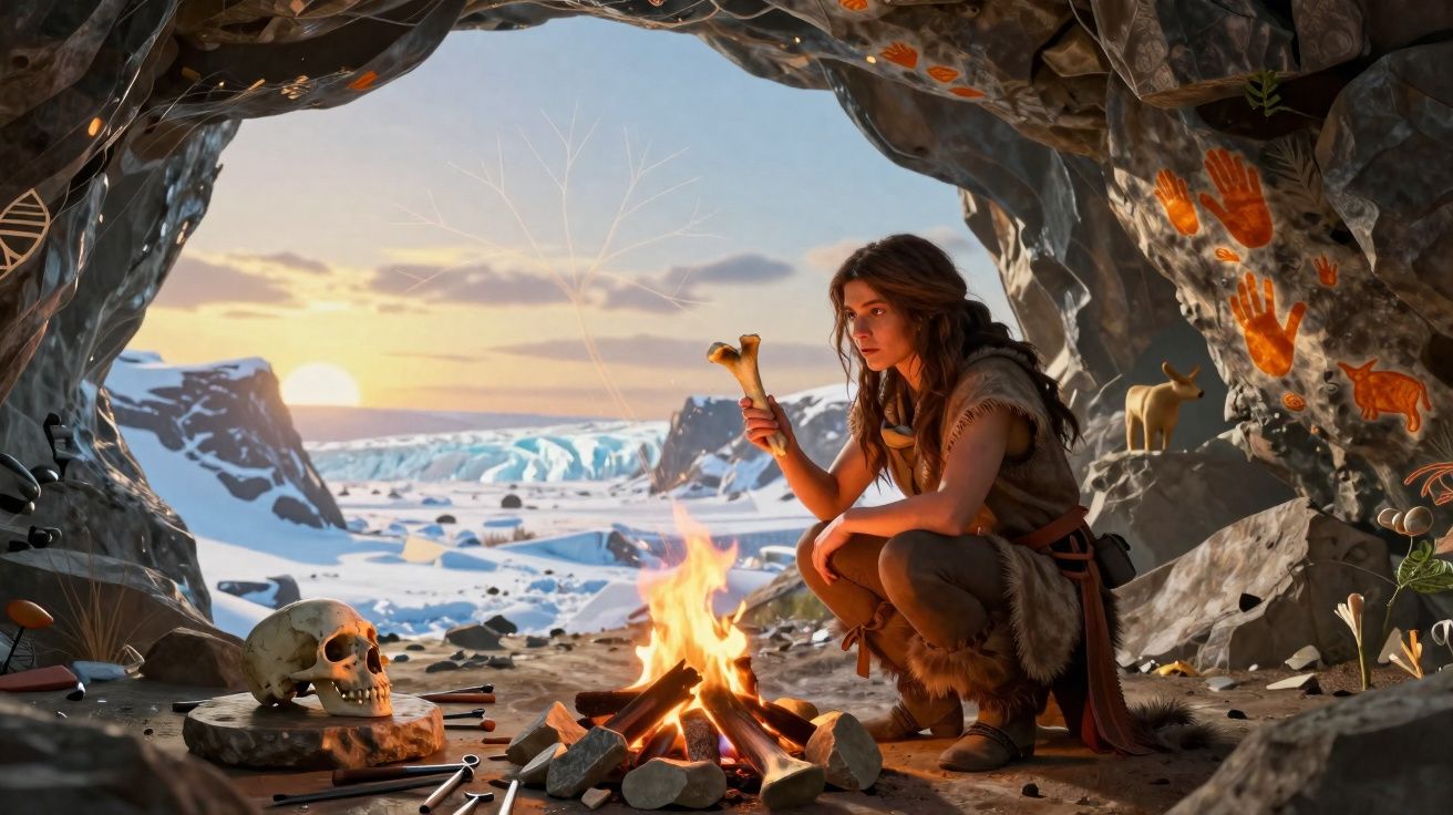 Femme préhistorique près d’un feu dans une grotte décorée de peintures rupestres au coucher du soleil.