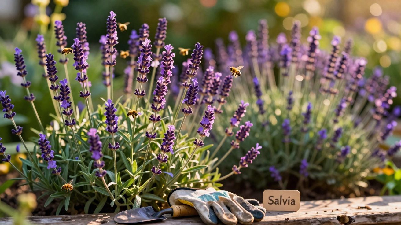 Buissons de sauge en fleurs avec des abeilles butinant et un sécateur et gants de jardinage posés.