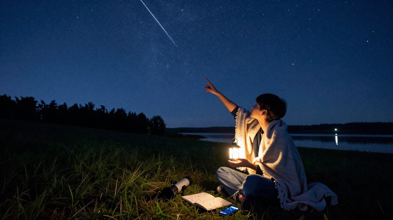 Un enfant assis sur l’herbe la nuit, tenant une lanterne et pointant une étoile filante dans le ciel étoilé.