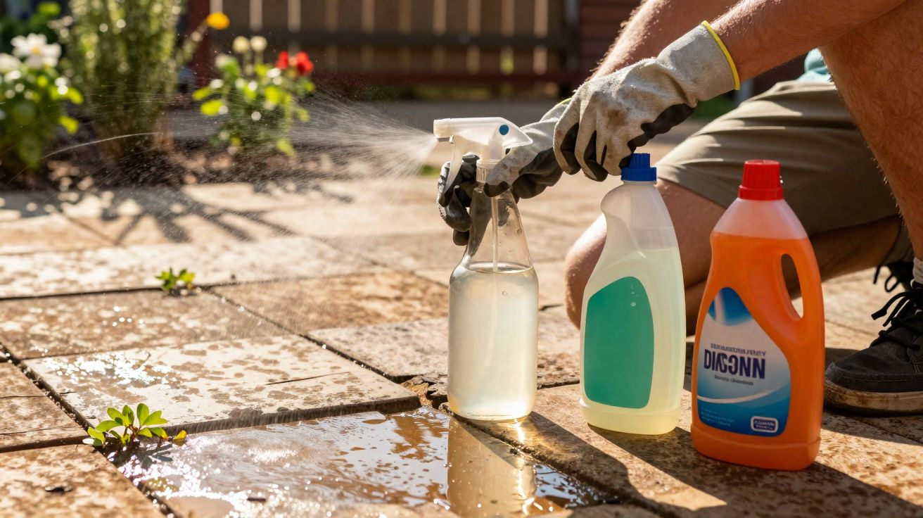 Personne en gants nettoyant des dalles extérieures avec un vaporisateur et des produits ménagers.